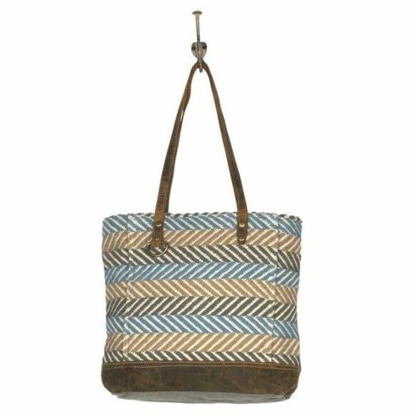 Myra Bag Handmade Tic Tac Toe Tote Bag Upcycled Canvas & Cowhide Leather - Picture 4 of 6